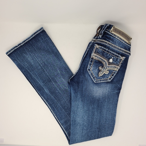 Rock Revival Betty Mid Rise Boot Cut Denim Dark Blue Jeans Flap Pockets 25 EUC - Picture 1 of 12